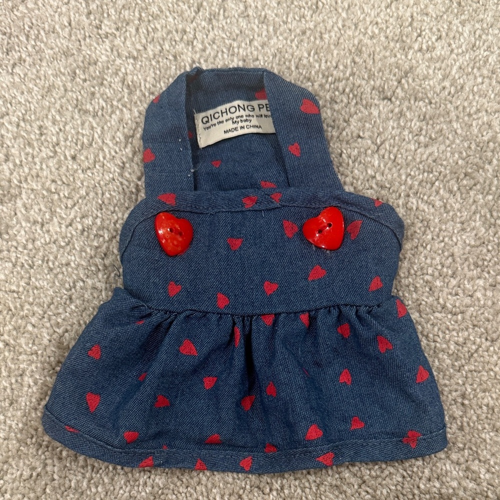 (XS) Blue Denim Pet Dress with Red Hearts